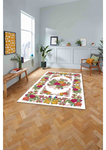 Baskılı Modern Klasik Çiçek Model Yıkanabilir Kaymaz Yolluk Mutfak Salon Halısı, Modern-152-Beyaz,