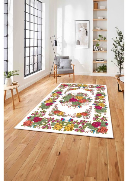 Baskılı Modern Klasik Çiçek Model Yıkanabilir Kaymaz Yolluk Mutfak Salon Halısı, Modern-152-Beyaz,