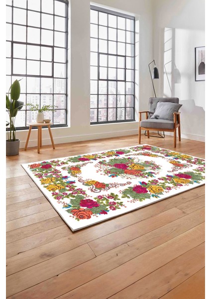 Baskılı Modern Klasik Çiçek Model Yıkanabilir Kaymaz Yolluk Mutfak Salon Halısı, Modern-152-Beyaz,