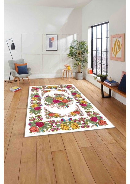 Baskılı Modern Klasik Çiçek Model Yıkanabilir Kaymaz Yolluk Mutfak Salon Halısı, Modern-152-Beyaz,