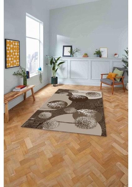 Baskılı Modern Ağaç Küre Desenli Yıkanabilir Kaymaz Yolluk Mutfak Salon Halısı, Modern-155-Kahve,
