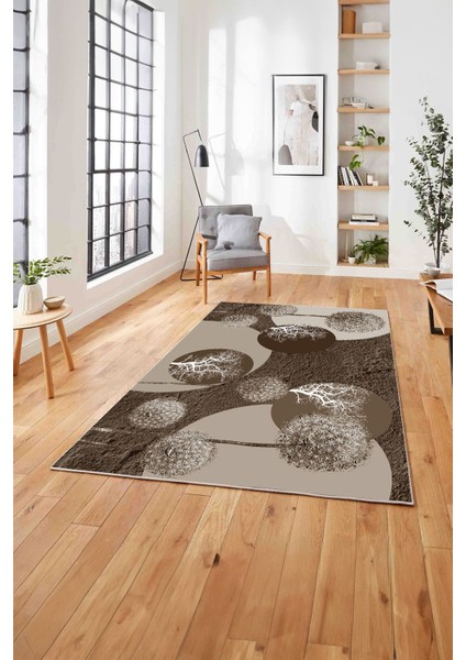 Baskılı Modern Ağaç Küre Desenli Yıkanabilir Kaymaz Yolluk Mutfak Salon Halısı, Modern-155-Kahve,
