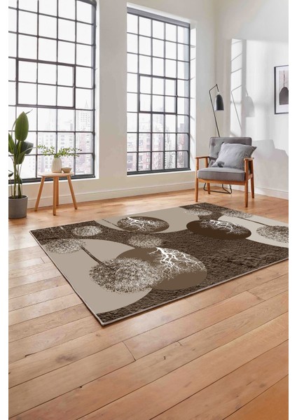 Baskılı Modern Ağaç Küre Desenli Yıkanabilir Kaymaz Yolluk Mutfak Salon Halısı, Modern-155-Kahve,