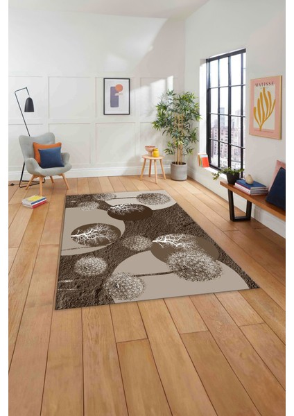 Baskılı Modern Ağaç Küre Desenli Yıkanabilir Kaymaz Yolluk Mutfak Salon Halısı, Modern-155-Kahve,