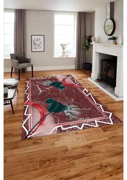 Baskılı Modern Çiçek Kuş Tüyü Yıkanabilir Kaymaz Yolluk Mutfak Salon Halısı, Modern-153-Kırmızı,