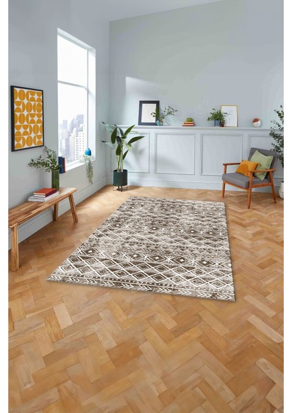 Baskılı Modern Etnik Görünümlü Yıkanabilir Kaymaz Yolluk Mutfak Salon Halısı, Modern-194-Kahve,