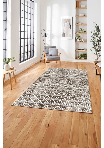 Baskılı Modern Etnik Görünümlü Yıkanabilir Kaymaz Yolluk Mutfak Salon Halısı, Modern-194-Kahve,