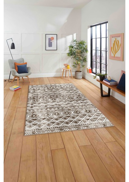 Baskılı Modern Etnik Görünümlü Yıkanabilir Kaymaz Yolluk Mutfak Salon Halısı, Modern-194-Kahve,