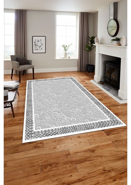 Baskılı Modern Çerçeveli Desen Yıkanabilir Kaymaz Yolluk Mutfak Salon Halısı, Modern-192-Gri,