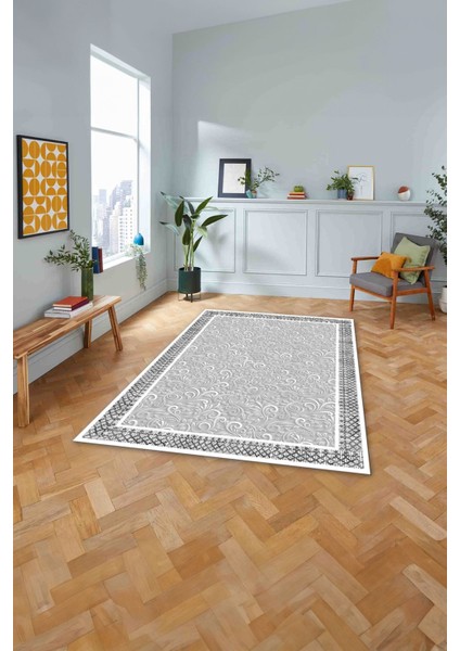 Baskılı Modern Çerçeveli Desen Yıkanabilir Kaymaz Yolluk Mutfak Salon Halısı, Modern-192-Gri,