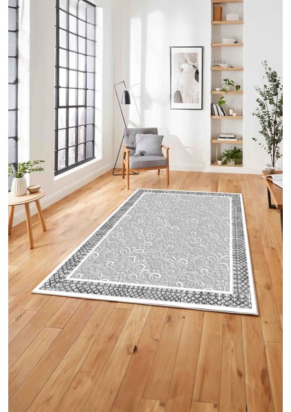 Baskılı Modern Çerçeveli Desen Yıkanabilir Kaymaz Yolluk Mutfak Salon Halısı, Modern-192-Gri,