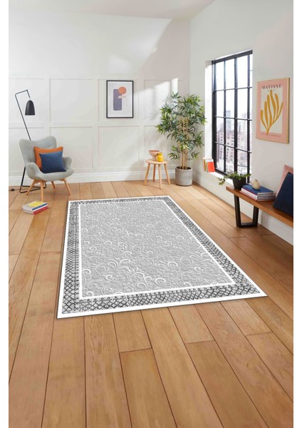 Baskılı Modern Çerçeveli Desen Yıkanabilir Kaymaz Yolluk Mutfak Salon Halısı, Modern-192-Gri,