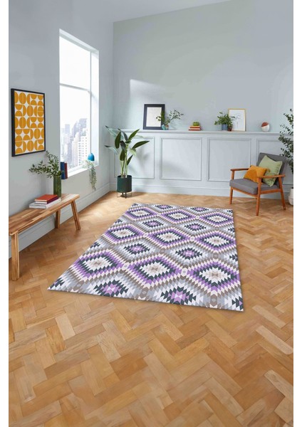 Dijital Baskılı Modern Etnik Model Yıkanabilir Kaymaz Yolluk Mutfak Salon Halısı, Modern-128-Mor,