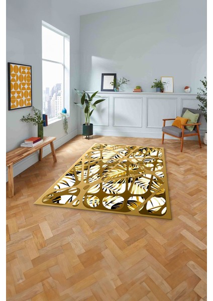 Baskılı Modern Palmiye Yapraklı Yıkanabilir Kaymaz Yolluk Mutfak Salon Halısı, Modern-201-Beyaz,