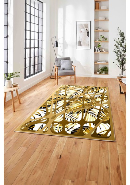 Baskılı Modern Palmiye Yapraklı Yıkanabilir Kaymaz Yolluk Mutfak Salon Halısı, Modern-201-Beyaz,
