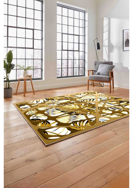 Baskılı Modern Palmiye Yapraklı Yıkanabilir Kaymaz Yolluk Mutfak Salon Halısı, Modern-201-Beyaz,