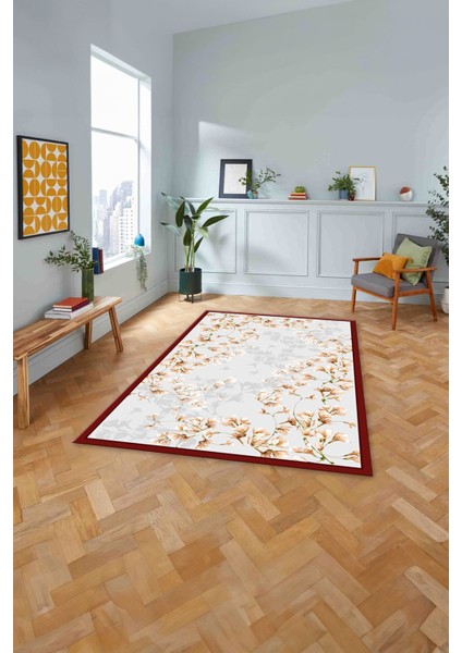 Baskılı Modern Çerçeveli Çiçek Desen Yıkanabilir Kaymaz Yolluk Mutfak Salon Halısı,Modern-213-Bordo,