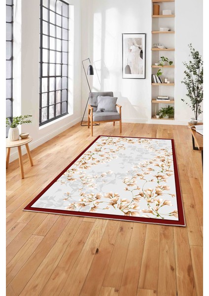 Baskılı Modern Çerçeveli Çiçek Desen Yıkanabilir Kaymaz Yolluk Mutfak Salon Halısı,Modern-213-Bordo,