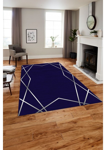Baskılı Modern Zigzag Çizgili Yıkanabilir Kaymaz Yolluk Mutfak Salon Halısı, Modern-135-Lacivert,