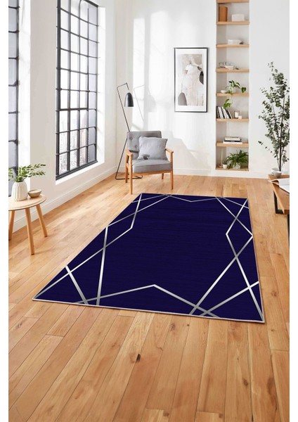 Baskılı Modern Zigzag Çizgili Yıkanabilir Kaymaz Yolluk Mutfak Salon Halısı, Modern-135-Lacivert, modelleri