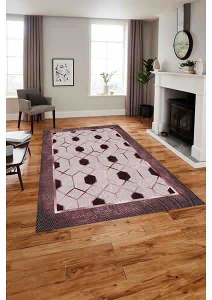 Baskılı Modern Çerçeve Desenli Yıkanabilir Kaymaz Yolluk Mutfak Salon Halısı, Modern-138-Bordo,