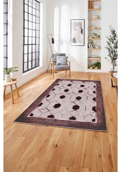 Baskılı Modern Çerçeve Desenli Yıkanabilir Kaymaz Yolluk Mutfak Salon Halısı, Modern-138-Bordo, modelleri