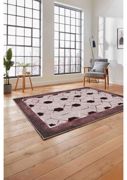 Baskılı Modern Çerçeve Desenli Yıkanabilir Kaymaz Yolluk Mutfak Salon Halısı, Modern-138-Bordo, fırsatları
