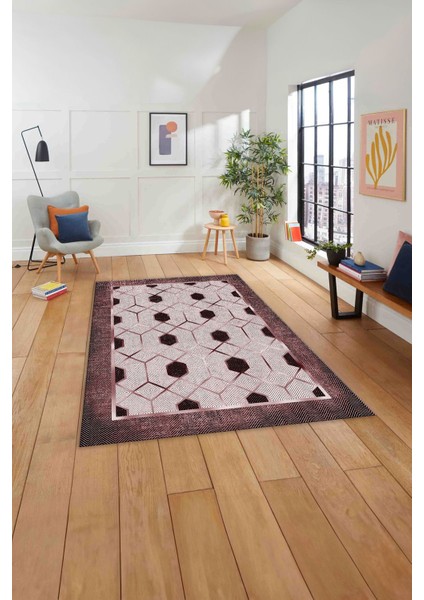 Baskılı Modern Çerçeve Desenli Yıkanabilir Kaymaz Yolluk Mutfak Salon Halısı, Modern-138-Bordo, indirimleri