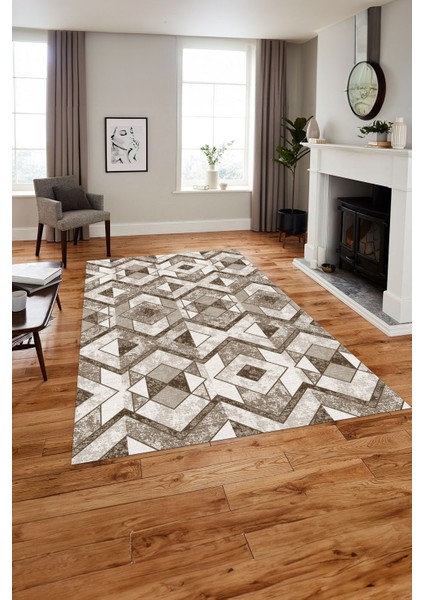 Baskılı Modern Geometrik Desenli Yıkanabilir Kaymaz Yolluk Mutfak Salon Halısı, Modern-139-Kahve,