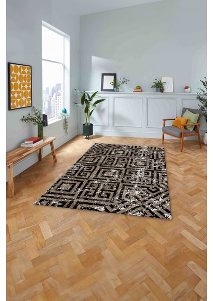 Baskılı Modern Labirent Desenli Yıkanabilir Kaymaz Yolluk Mutfak Salon Halısı, Modern-190-Bej,