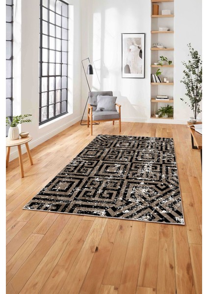 Baskılı Modern Labirent Desenli Yıkanabilir Kaymaz Yolluk Mutfak Salon Halısı, Modern-190-Bej,