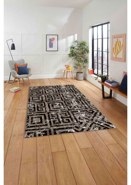 Baskılı Modern Labirent Desenli Yıkanabilir Kaymaz Yolluk Mutfak Salon Halısı, Modern-190-Bej,