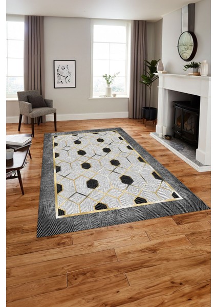 Baskılı Modern Çerçeve Desenli Yıkanabilir Kaymaz Yolluk Mutfak Salon Halısı, Modern-138-Gold,