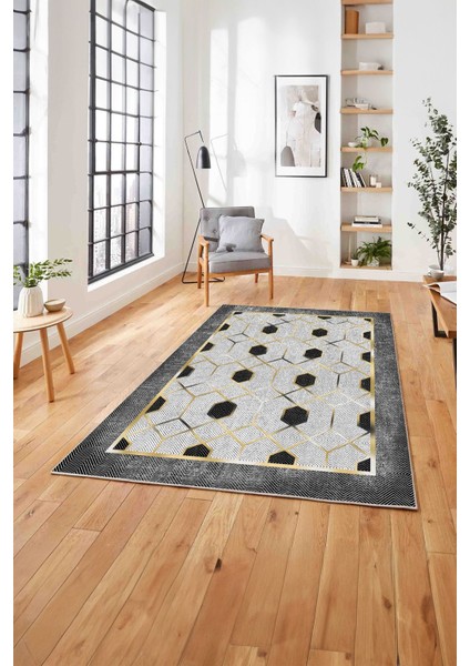 Baskılı Modern Çerçeve Desenli Yıkanabilir Kaymaz Yolluk Mutfak Salon Halısı, Modern-138-Gold, modelleri