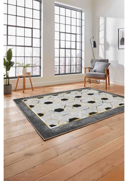 Baskılı Modern Çerçeve Desenli Yıkanabilir Kaymaz Yolluk Mutfak Salon Halısı, Modern-138-Gold, fırsatları