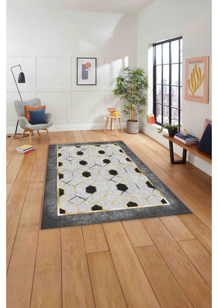 Baskılı Modern Çerçeve Desenli Yıkanabilir Kaymaz Yolluk Mutfak Salon Halısı, Modern-138-Gold, indirimleri
