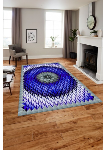 Baskılı Modern Sade Çiçek Desenli Yıkanabilir Kaymaz Yolluk Mutfak Salon Halısı, Modern-156-Mavi,