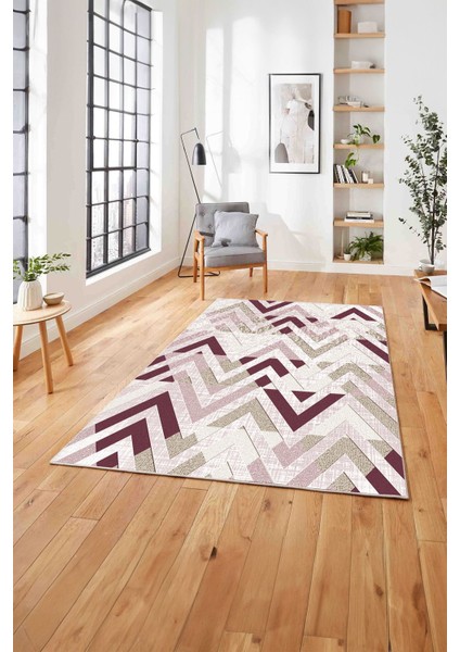 Baskılı Modern Sade Zigzag Desen Yıkanabilir Kaymaz Yolluk Mutfak Salon Halısı, Modern-142-Pembe,