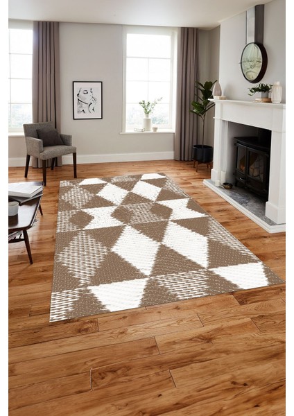 Baskılı Modern Üçgen Desenli Yıkanabilir Kaymaz Yolluk Mutfak Salon Halısı, Modern-125-Bej,