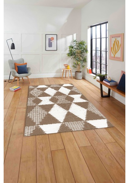 Baskılı Modern Üçgen Desenli Yıkanabilir Kaymaz Yolluk Mutfak Salon Halısı, Modern-125-Bej, indirimleri