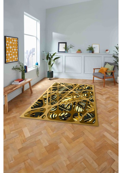 Baskılı Modern Palmiye Yapraklı Yıkanabilir Kaymaz Yolluk Mutfak Salon Halısı, Modern-201-Gri,