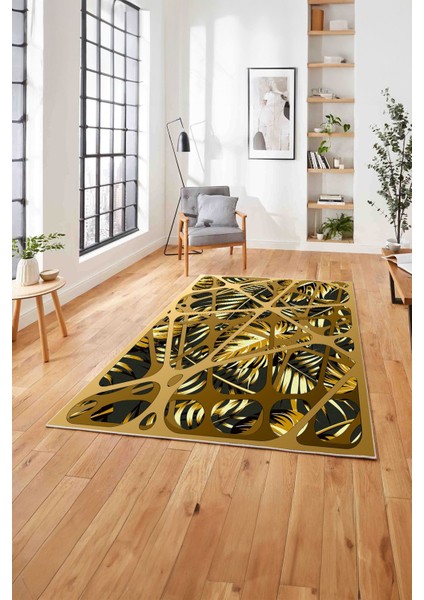 Baskılı Modern Palmiye Yapraklı Yıkanabilir Kaymaz Yolluk Mutfak Salon Halısı, Modern-201-Gri,