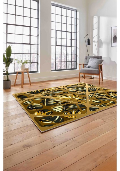 Baskılı Modern Palmiye Yapraklı Yıkanabilir Kaymaz Yolluk Mutfak Salon Halısı, Modern-201-Gri,