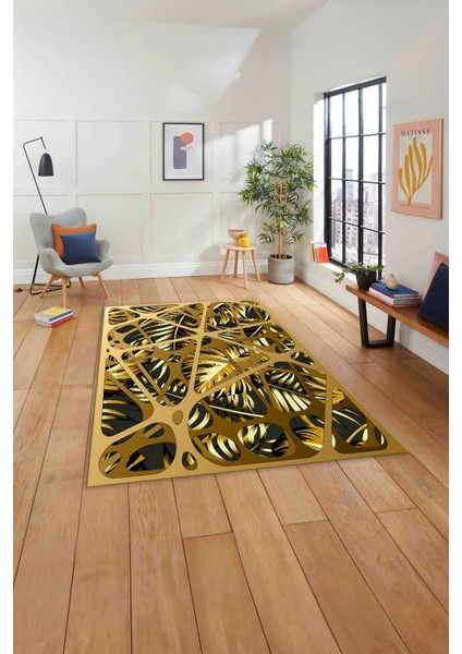 Baskılı Modern Palmiye Yapraklı Yıkanabilir Kaymaz Yolluk Mutfak Salon Halısı, Modern-201-Gri,
