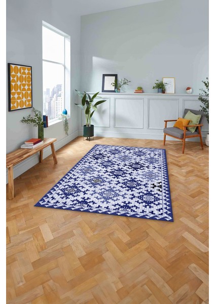 Baskılı Modern Etnik Klasik Desen Yıkanabilir Kaymaz Yolluk Mutfak Salon Halısı,Modern-163-Lacivert,