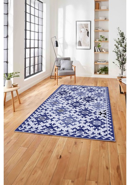 Baskılı Modern Etnik Klasik Desen Yıkanabilir Kaymaz Yolluk Mutfak Salon Halısı,Modern-163-Lacivert,