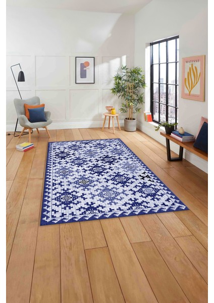 Baskılı Modern Etnik Klasik Desen Yıkanabilir Kaymaz Yolluk Mutfak Salon Halısı,Modern-163-Lacivert,