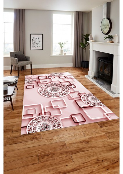 Baskılı Modern Çiçek Motifli Yıkanabilir Kaymaz Yolluk Mutfak Salon Halısı, Modern-212-Pembe,