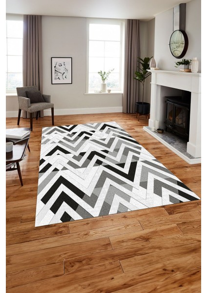 Baskılı Modern Sade Zigzag Desen Yıkanabilir Kaymaz Yolluk Mutfak Salon Halısı, Modern-142-Gri,