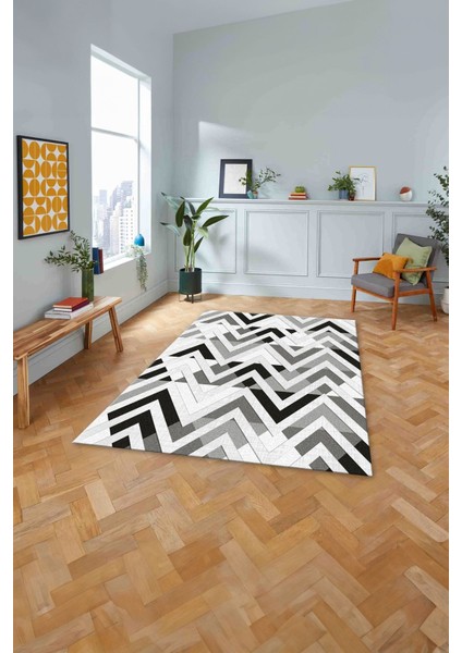 Baskılı Modern Sade Zigzag Desen Yıkanabilir Kaymaz Yolluk Mutfak Salon Halısı, Modern-142-Gri,